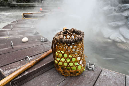 Eggs and vegetables being cooked in the water of hot springs in Taiwan. Jioujhihze Hot Spring(Lenzhir Hot Spring)の写真素材