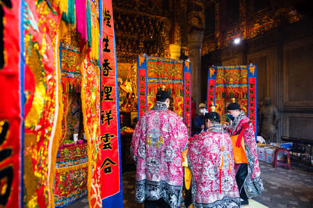 Sanxia, Taiwan - FEB 06, 2022: The Qingshui Zushi temple is a famous temple in the Sanxia Old Street, many people come here to worship.のeditorial素材