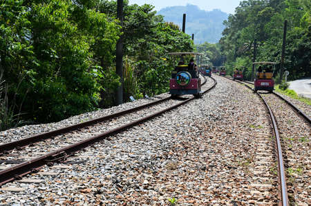 Miaoli, Taiwan - APR 12, 2021: Old Former Mountain Line Rail Bike Station in Sanyi, Miaoli, Taiwan.