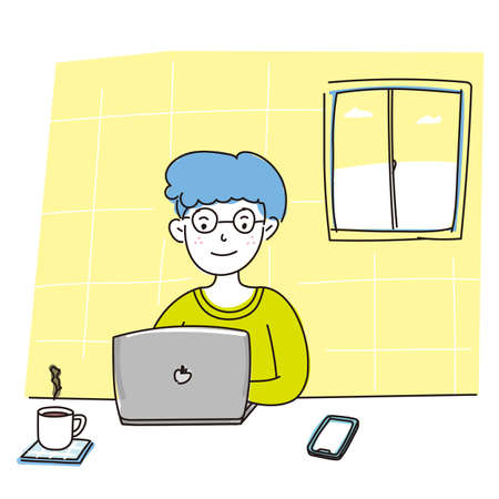 Hand drawn illustration of man working with computer in room, using yellow, white and blue for color matchingのイラスト素材