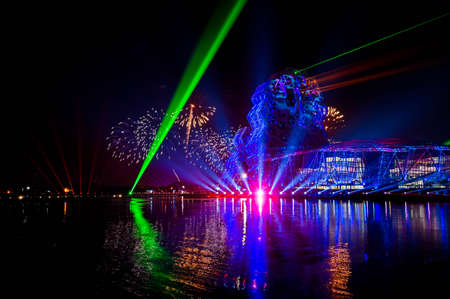 Kaohsiung, Taiwan - FEB 18, 2022: Kaohsiung Music Center fireworks show at night.のeditorial素材