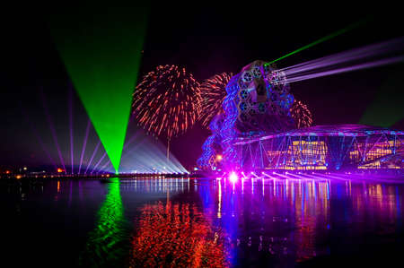 Kaohsiung, Taiwan - FEB 18, 2022: Kaohsiung Music Center fireworks show at night.のeditorial素材