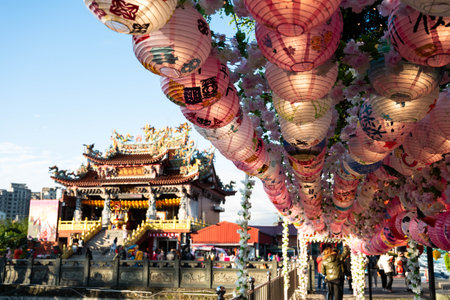 Sanxia, Taiwan - FEB 06, 2022: A lot of lanterns at Guang Xing Temple at Sanxia Dist when Lantern...