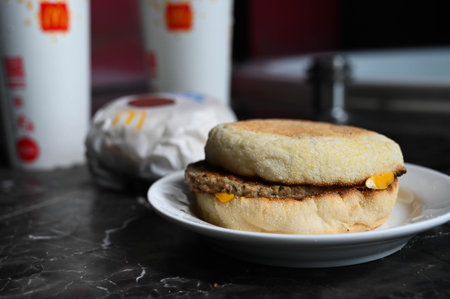 English muffin with pork chops and cheese close up.の写真素材