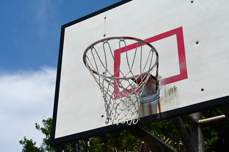 Basketball hoop closeup with blue sky and white clouds background