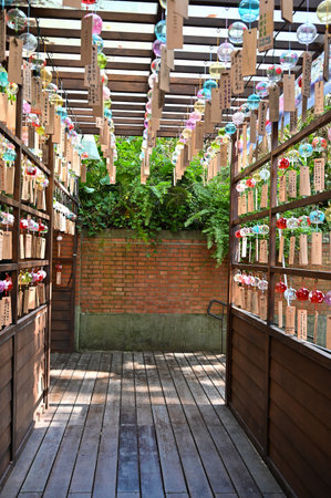 Taoyuan City, Taiwan - NOV 19, 2022: Japanese wind chimes hanging in the shrine.