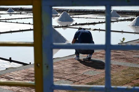 Tainan City, Taiwan - NOV 19, 2022: Tourists are visiting the Jingzaijiao Tile- Paved Salt Fields in Tainan, Taiwan.のeditorial素材