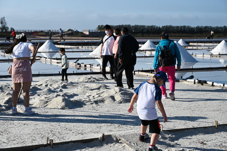 Tainan City, Taiwan - NOV 19, 2022: Tourists are visiting the Jingzaijiao Tile- Paved Salt Fields in Tainan, Taiwan.のeditorial素材