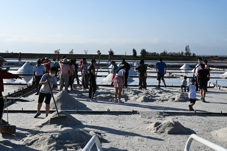 Tainan City, Taiwan - NOV 19, 2022: Tourists are visiting the Jingzaijiao Tile- Paved Salt Fields in Tainan, Taiwan.のeditorial素材