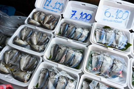 Samut Songkhram, Thailand - DEC 23, 2022: Street vendors selling fresh fish in Thai marketのeditorial素材