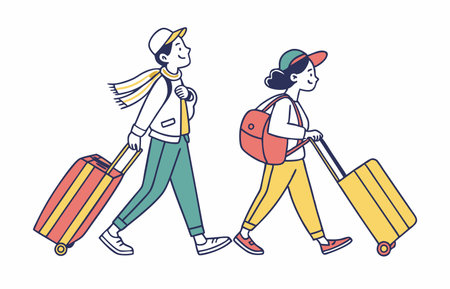 people holding suitcases, line style characters, travel material, vector graphicsのイラスト素材
