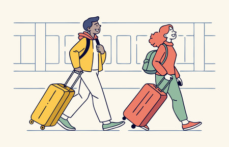 people holding suitcases, line style characters, travel material, vector graphicsのイラスト素材
