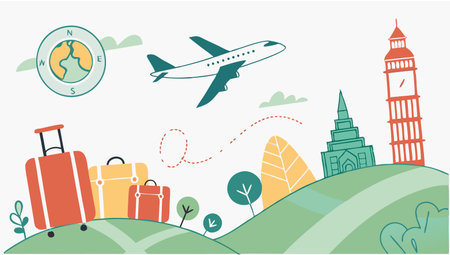 Airplane, travel element, vector line illustrationのイラスト素材