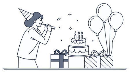 Happy birthday, celebration, gift, line illustration, vector illustrationのイラスト素材