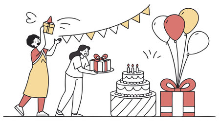 Happy birthday, celebration, gift, line illustration, vector illustrationのイラスト素材