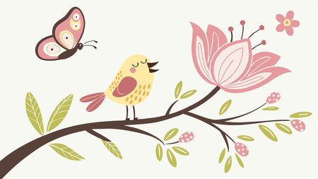 Spring scene with trees, flowers, butterflies, birds, vector illustrationのイラスト素材