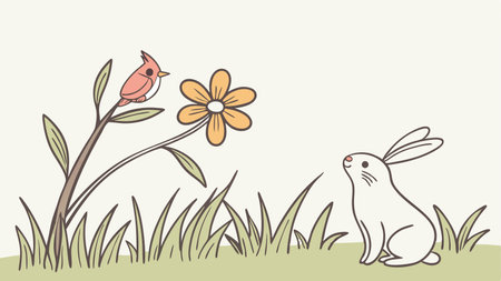 Spring scene with trees, flowers, butterflies, birds, vector illustrationのイラスト素材