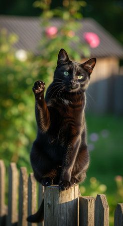 Black cat with green eyes sits on a wooden fence in the gardenの素材