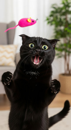 Black cat with mouse toy on the head on the living room backgroundの素材