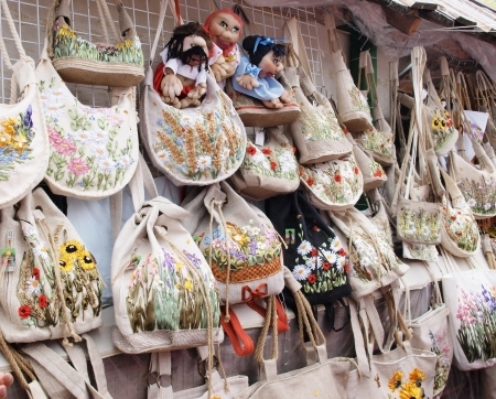 Different folk handmade bags made of linenの写真素材