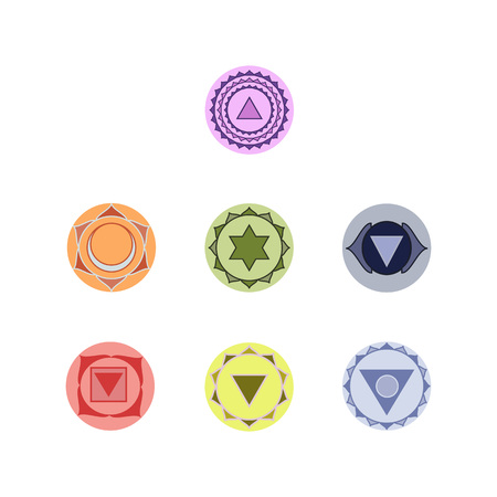 Symbols of seven chakras of the human body energy, illustration.