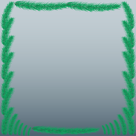 Frame of coniferous branches. Background with evergreen trees. Backdrop for a Christmas design.  Vector illustration with  branches of pine, spruce, fir or conifer.のイラスト素材