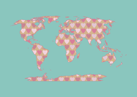 Outline map of the world with a texture of pink and red hearts. Isolated vector illustration.のイラスト素材