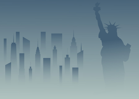 Statue of Liberty and the cityscape in New York. Vector illustration.のイラスト素材