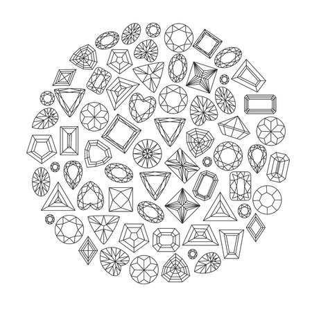 Collection of gems and gemstones. Types of diamond cutting. A set of jewels.のイラスト素材