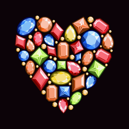 Set of jewels in the form of heart. Precious stones of red, blue, yellow and orange colors. Vector illustration.のイラスト素材