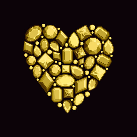 Set of jewels in the form of heart. Precious stones of gold color. Vector illustration.のイラスト素材