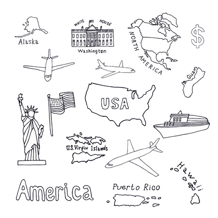 Map of the United States of America and its territories. North America, Alaska, USA, Hawaii, Guam and the US Virgin Islands. Statue of Liberty and the White House. vector black sketch.のイラスト素材