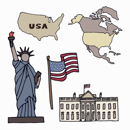 Map of the United States of America and the symbols of America. North America, flag,  Statue of Liberty and the White House. Hand drawn vector illustration.のイラスト素材