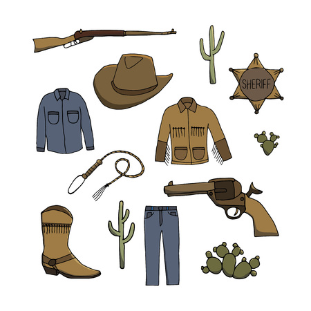 Set of cowboy symbols. Cowboy jeans, shirt,  jacket,  hat, boots,  gun and  sheriff's badge. Hand drawn vector illustration in doodles or cartoon style.のイラスト素材