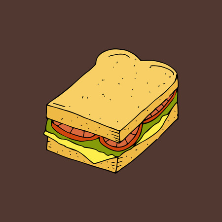 Hamburger, sandwich. Bread with a cutlet, cheese, lettuce and tomato.Color hand drawn vector illustration isolated on brown background. American Street fast food.doodles or cartoon style.のイラスト素材