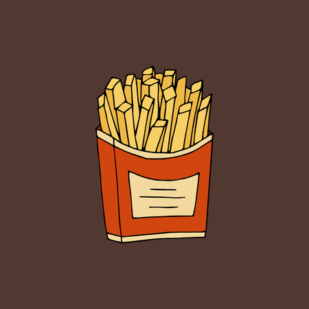 Fried potatoes.Color hand drawn vector illustration isolated on brown background. American Street fast food.doodles or cartoon style.のイラスト素材