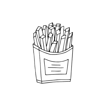 Fried potatoes. Black and white  hand drawn vector illustration isolated on white background.American Street fast food.doodles or cartoon style.のイラスト素材