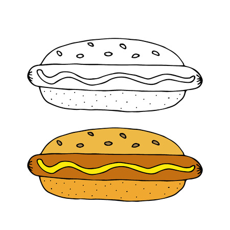 Hot Dog. Bun with sausage, mustard and sesame seeds. Black and white  hand drawn vector illustration isolated on white background.American Street fast food.doodles or cartoon style.のイラスト素材