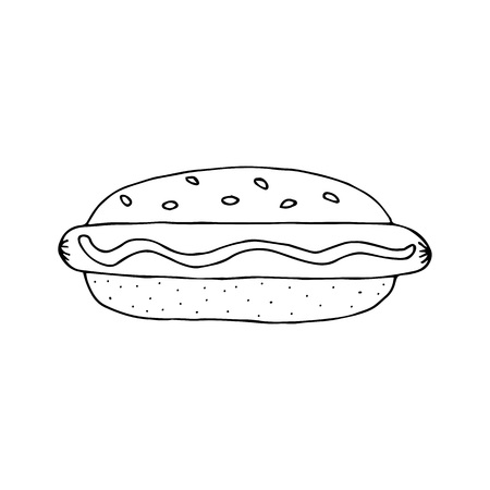 Hot Dog. Bun with sausage, mustard and sesame seeds. Colorful hand drawn vector illustration isolated on brown background. doodles or cartoon style.
のイラスト素材