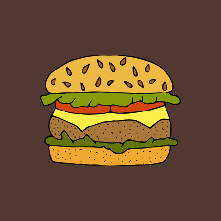 Hamburger, cheeseburger. Bun with a cutlet, cheese, lettuce and tomato.Color hand drawn vector illustration isolated on brown background. American Street fast food.doodles or cartoon style.のイラスト素材
