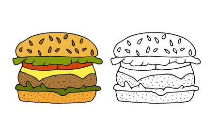 Hamburger,cheeseburger.Bun with cutlet,cheese,lettuce,tomato.Color,black and white  hand drawn vector illustration isolated on white background.American Street fast food.doodles or cartoon style.のイラスト素材