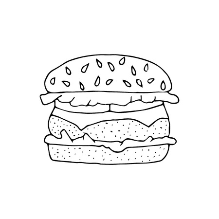 Hamburger,cheeseburger.Bun with cutlet,cheese,lettuce,tomato.Black and white  hand drawn vector illustration isolated on white background.American Street fast food.doodles or cartoon style.のイラスト素材