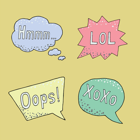 Thought frame. Speech bubble. Dream cloud. Talk balloon. Quote box.  Set of vector illustration icons with phrases lol, oops, xoxo, hmmm.のイラスト素材