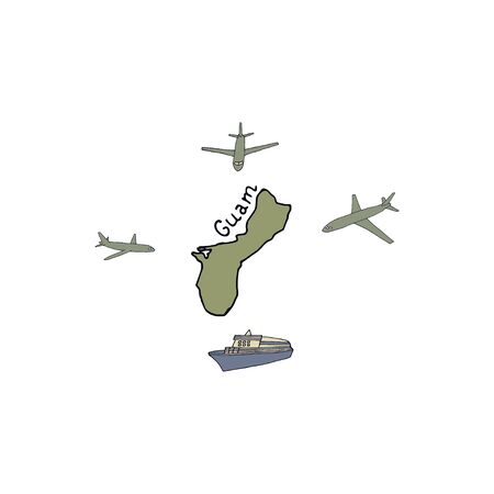 Planes fly to the island of Guam. Hand drawn vector illustration on a white background.のイラスト素材