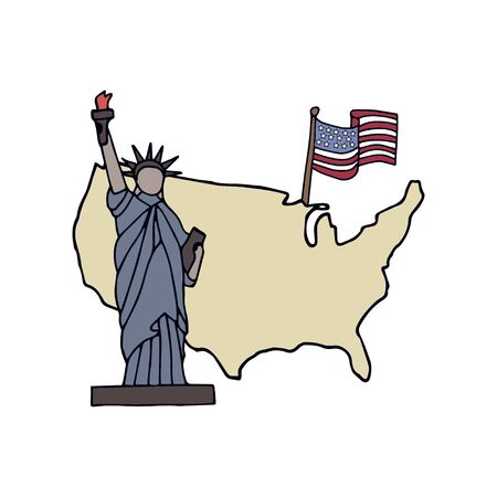 Hand-drawn symbols and map of USA. Statue of Liberty and flag of the United States of America. Vector illustration on a white background.のイラスト素材