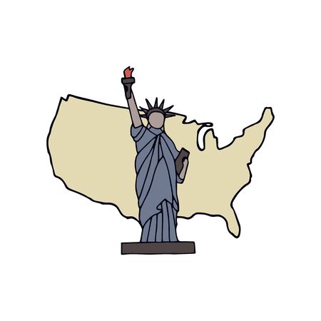 Hand-drawn symbols and map of USA. Statue of Liberty. Vector illustration on a white background.のイラスト素材