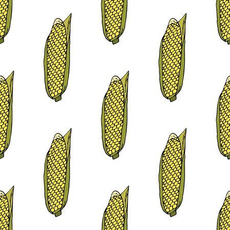 Ripe corn cob with leaves.  Seamless pattern. hand drawn vector illustration.   doodles or cartoon style.
のイラスト素材