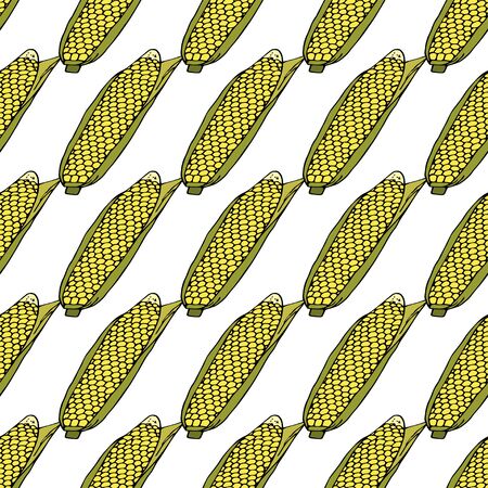 Ripe corn cob with leaves.  Seamless pattern. hand drawn vector illustration.   doodles or cartoon style.
のイラスト素材