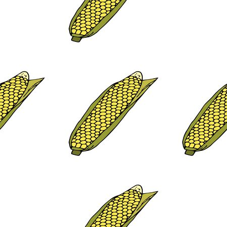 Ripe corn cob with leaves.  Seamless pattern. hand drawn vector illustration.   doodles or cartoon style.&#xA;のイラスト素材