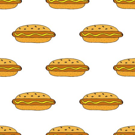 Hot dog. Seamless pattern. hand drawn vector illustration.   doodles or cartoon style.
のイラスト素材